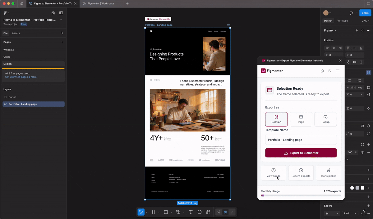 Clicking Export to Elementor in the Figmentor plugin